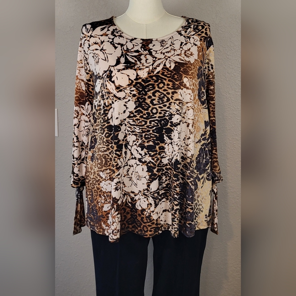 CATO Brown and Cream Leopard Floral Print Scoop Neck Top - Plus Size 18/20W